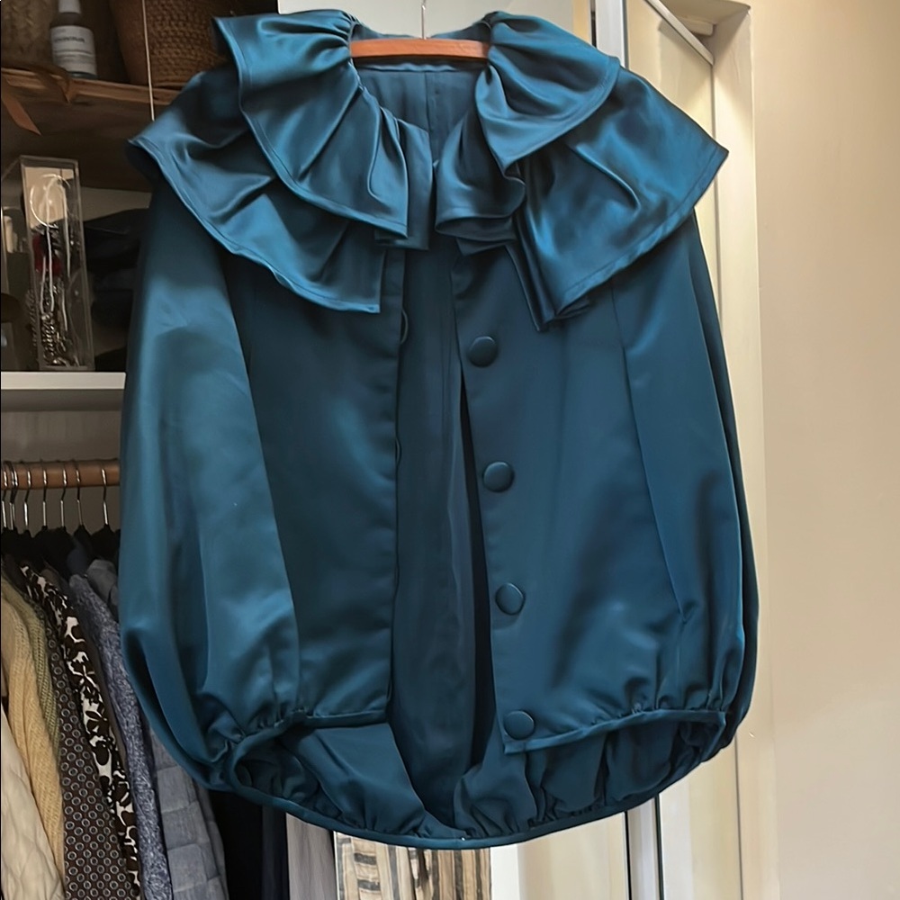 60’s Vintage Glam Teal Silk Opera Cape with Ruffled Collar
